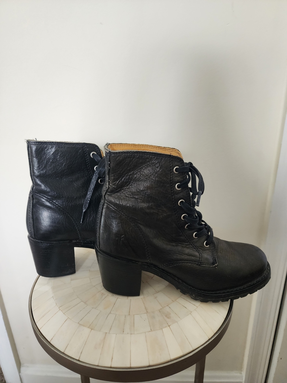 Frye Black Leather Lace-Up Moto Combat Boots - Picture 6 of 8
